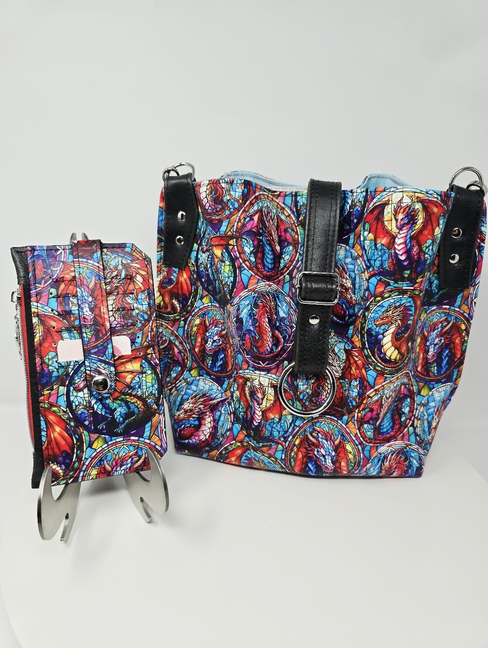 New Handmade Stunning Vibrant Stained Glass Dragon Handbag & Wallet Set